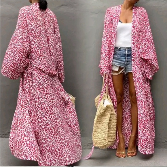 Last 1 New Boho Leopard Print Kimono Wrap Duster Robe Jacket Swim Coverup - Picture 3 of 7